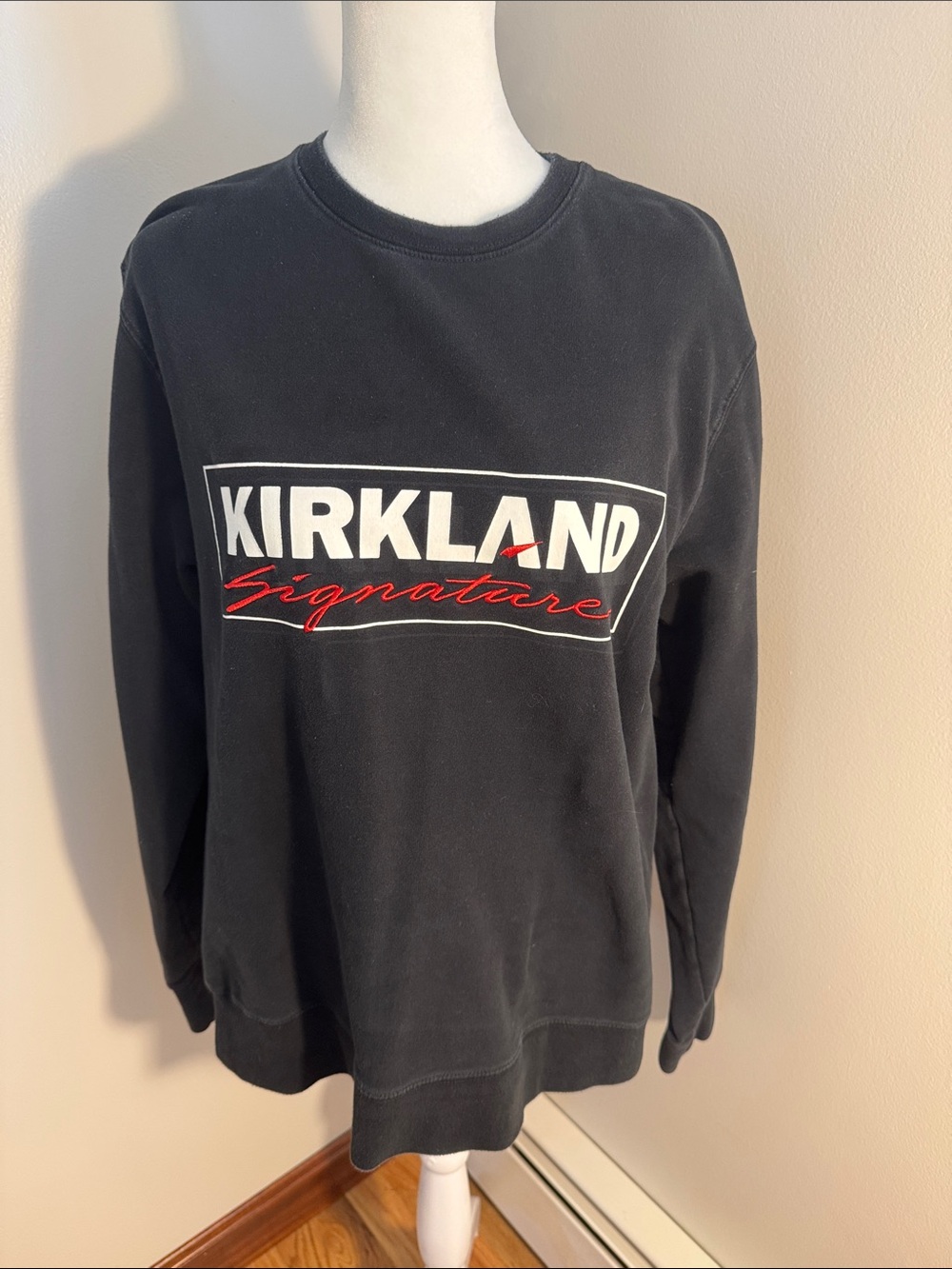 Kirkland Signature Black Crewneck with White Block Logo and Red Script